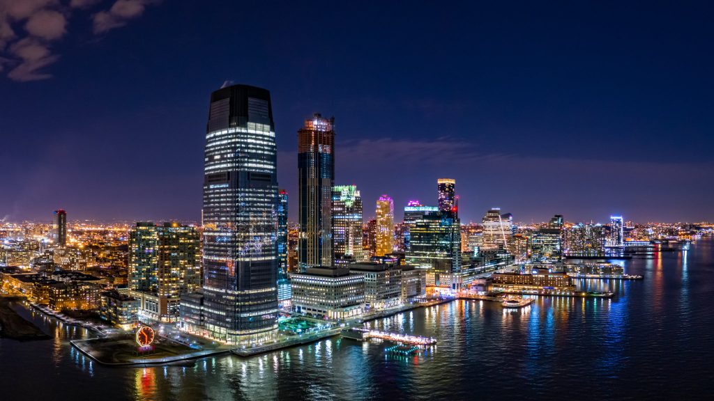 A city skyline at night