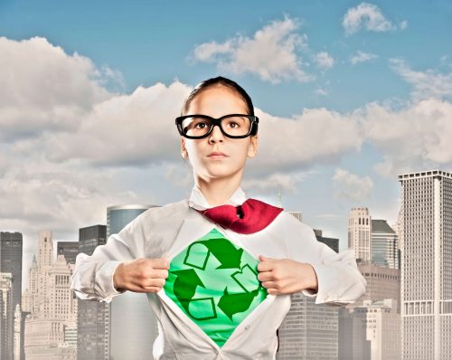 Person wearing a green recycling shirt